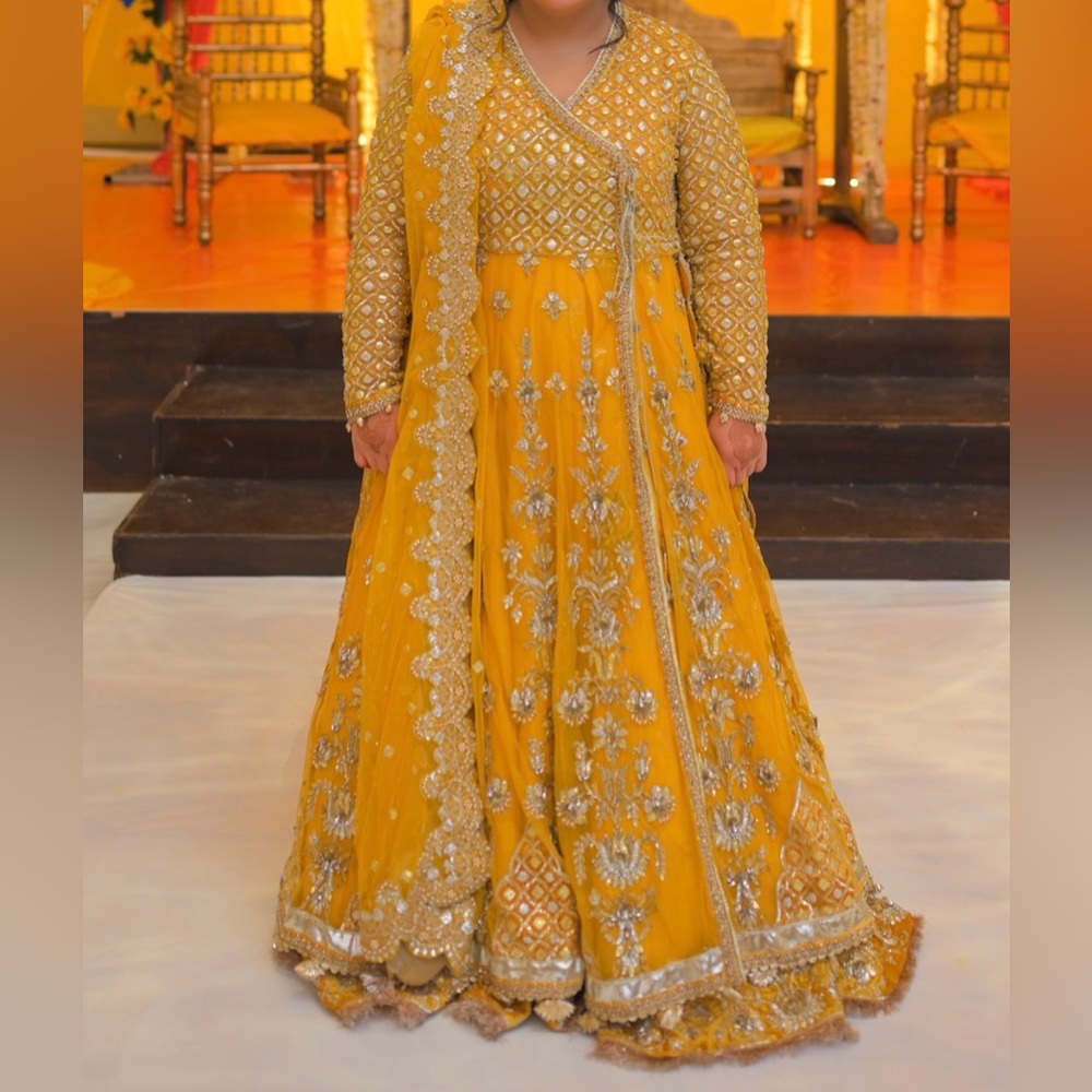 Elegant Yellow and Gold Embroidered Anarkali Dress in XL. original Maria B dress